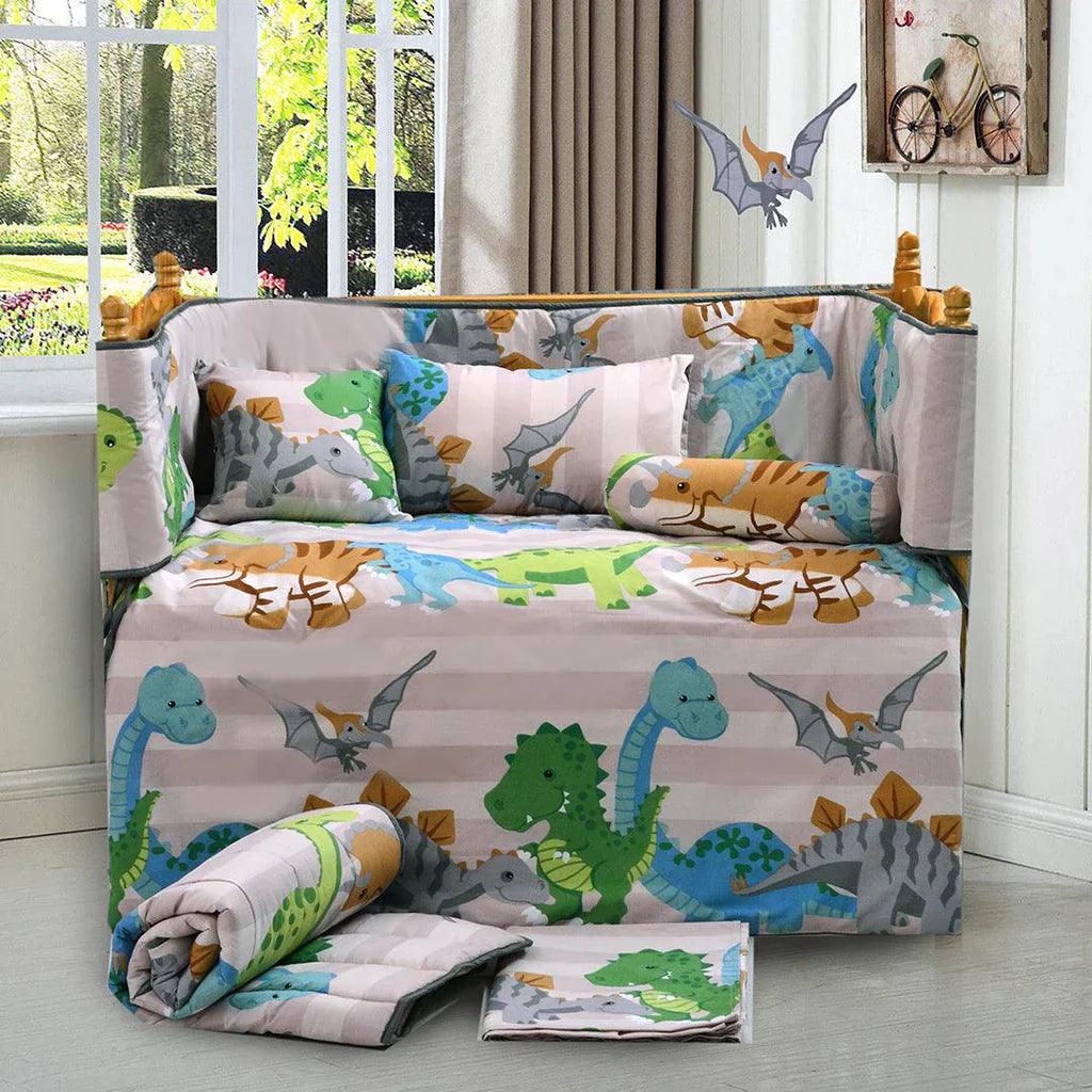 The Dino Reversible Printed Kids Baby Cot Set - Grey