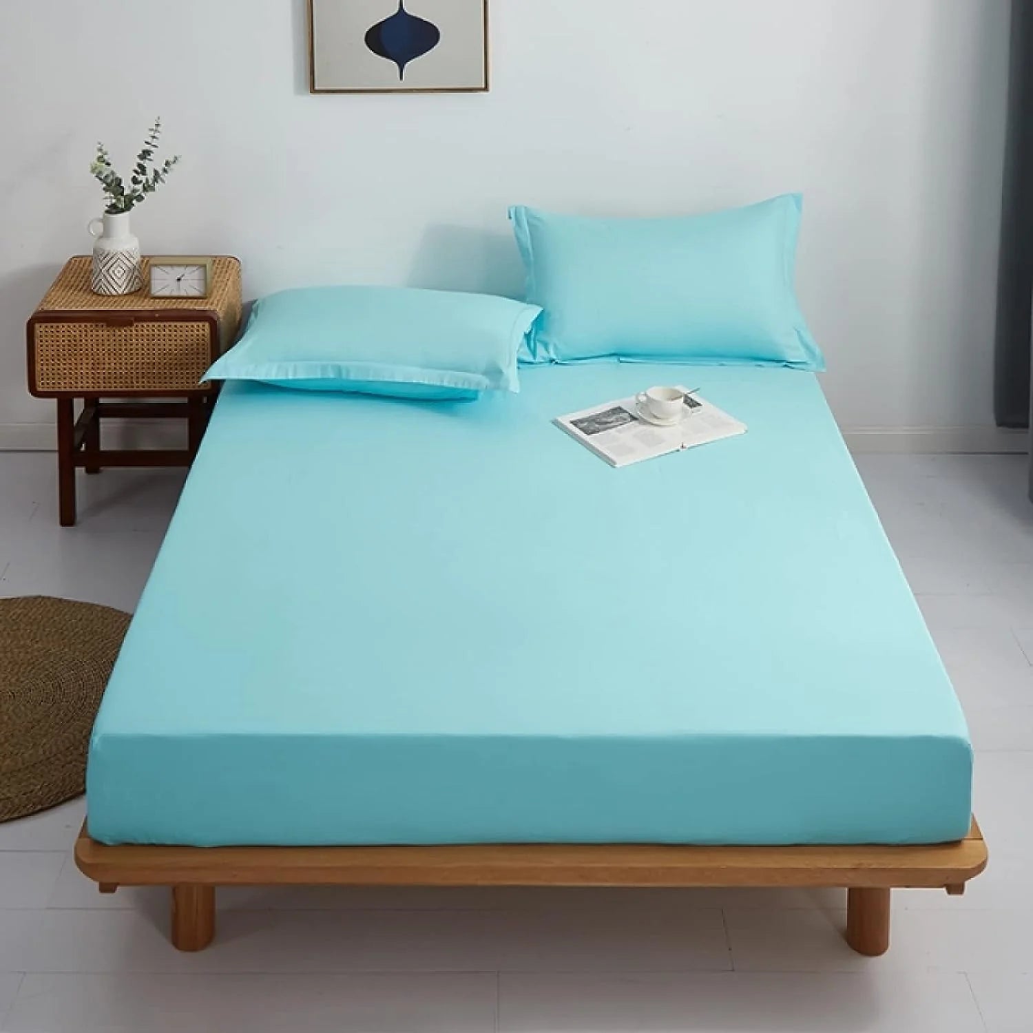 Cotton Fitted Bed Sheet with Pillows-Water Blue