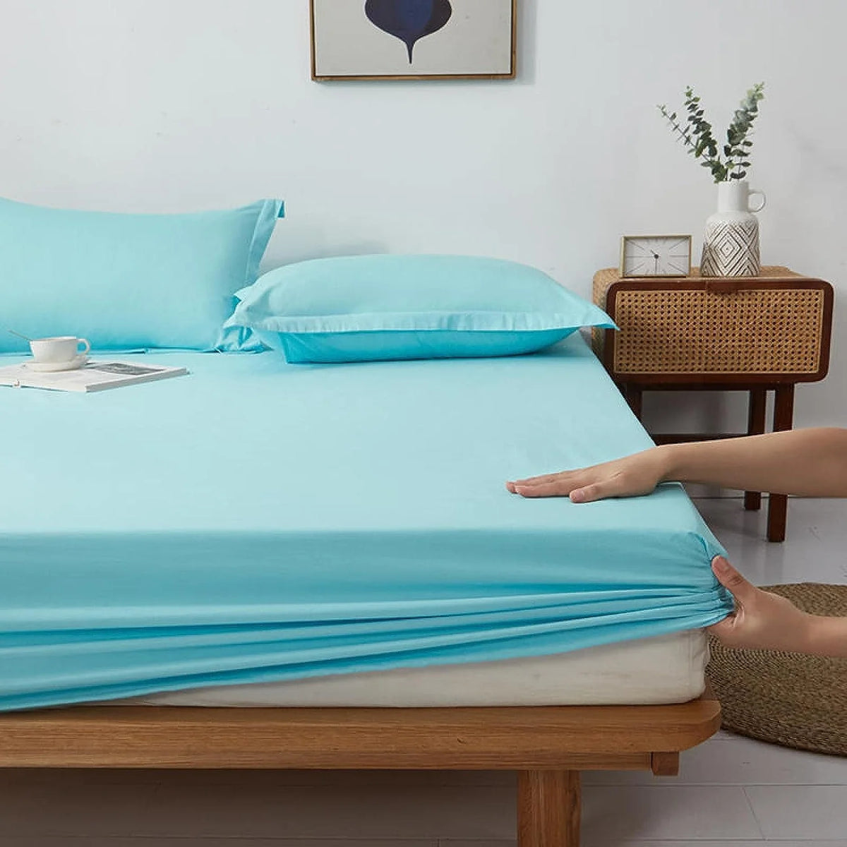 Cotton Fitted Bed Sheet with Pillows-Water Blue