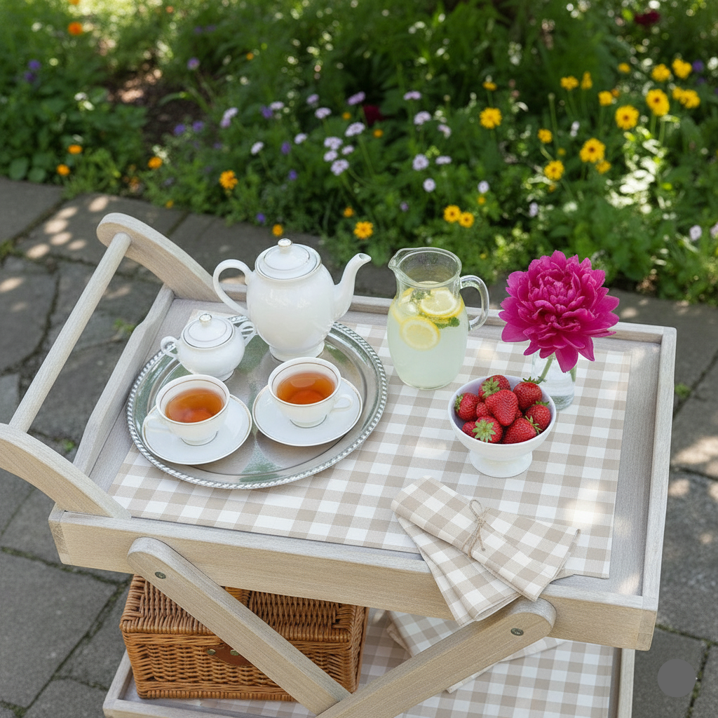 Waterproof Tea Trolley 9 Pcs Set - Beige Checked