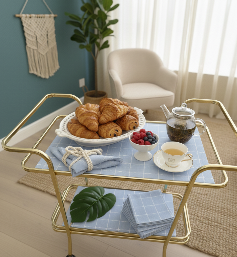 Waterproof Tea Trolley 9 Pcs Set - Modern Vintage Blue Check