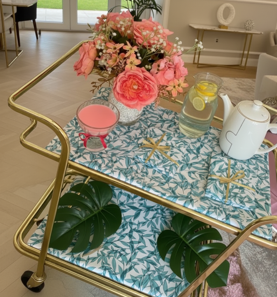 Waterproof Tea Trolley 9 Pcs Set - Teal Green Leaves