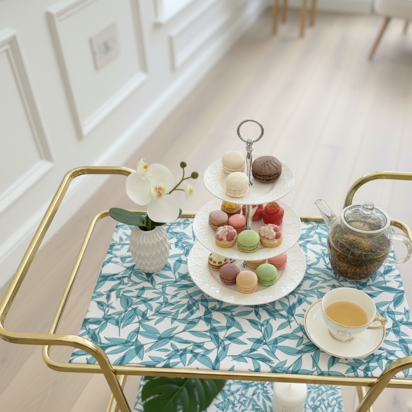 Waterproof Tea Trolley 9 Pcs Set - Teal Green Leaves