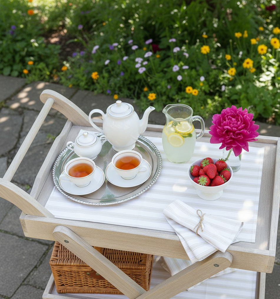 Waterproof Tea Trolley 9 Pcs Set - Ticking Stripe Beige