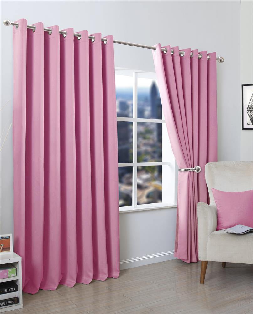 2Pc Plain Dyed Eyelet Curtains With Lining - Baby Pink