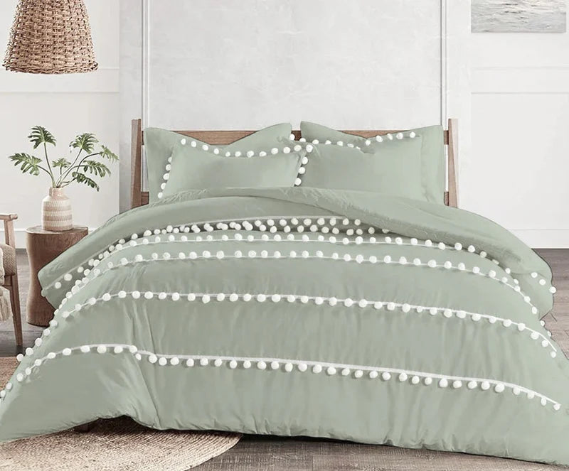 Luxury Cotton Satin Pom Fringe Duvet Cover Set