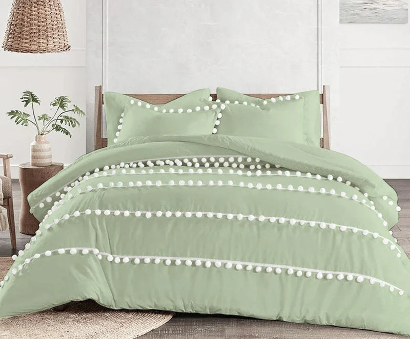 Luxury Cotton Satin Pom Fringe Duvet Cover Set