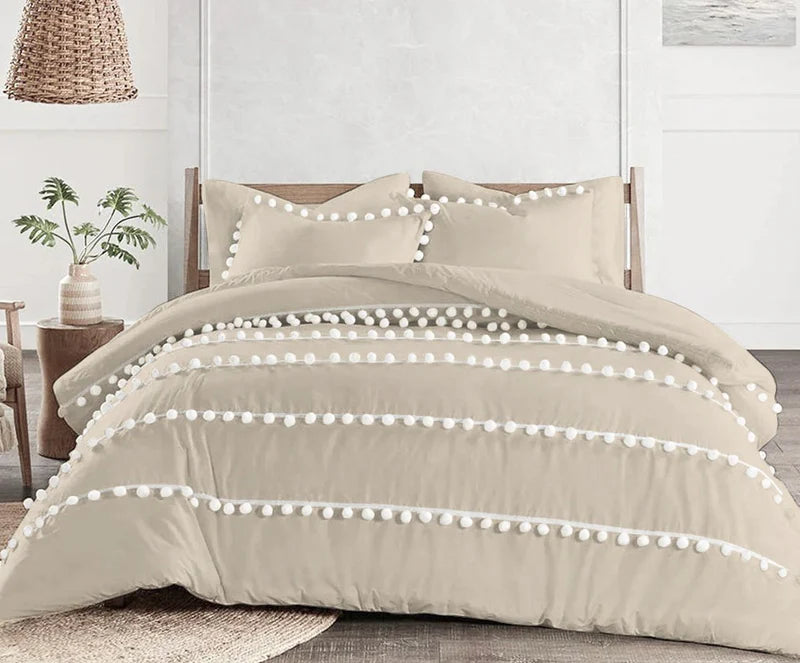 Luxury Cotton Satin Pom Fringe Duvet Cover Set