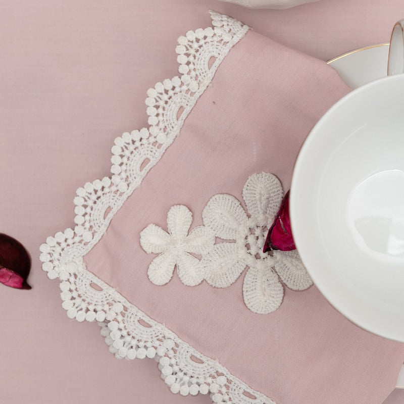 9 Pcs Trolley Mat and Napkin Set With Lace - Pink