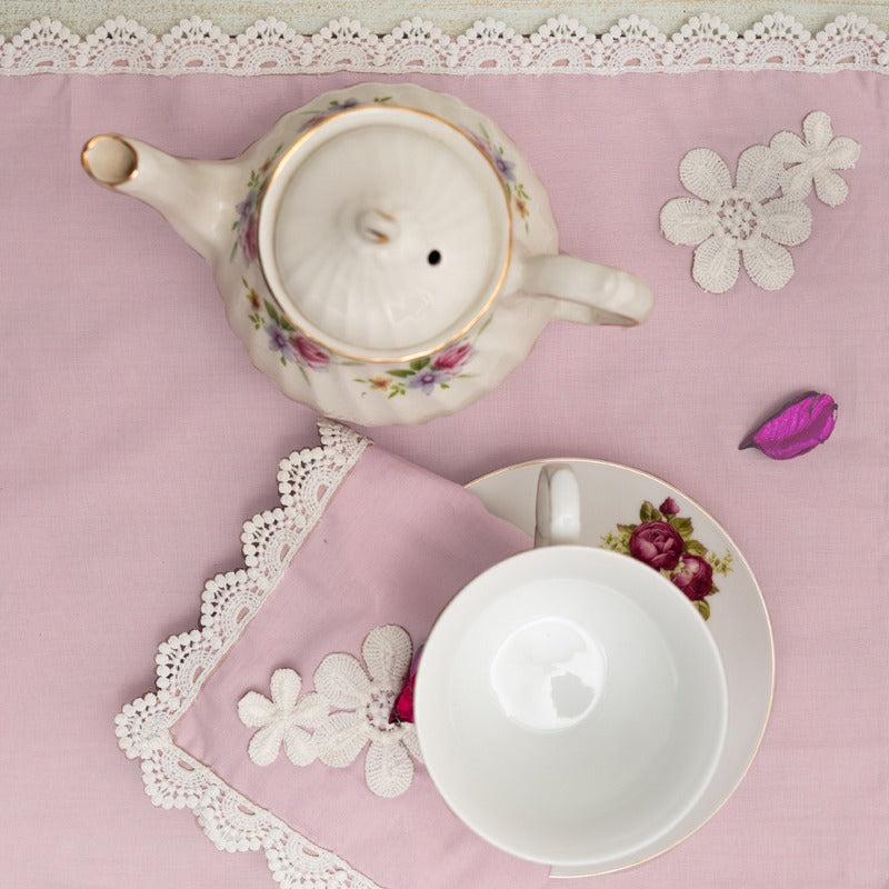 9 Pcs Trolley Mat and Napkin Set With Lace - Pink