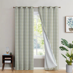 2Pc Waterproof Blackout Printed Curtains - Green White Checkered