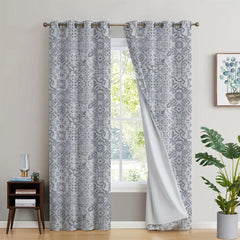 2Pc Waterproof Blackout Printed Curtains - Grey Moroccan