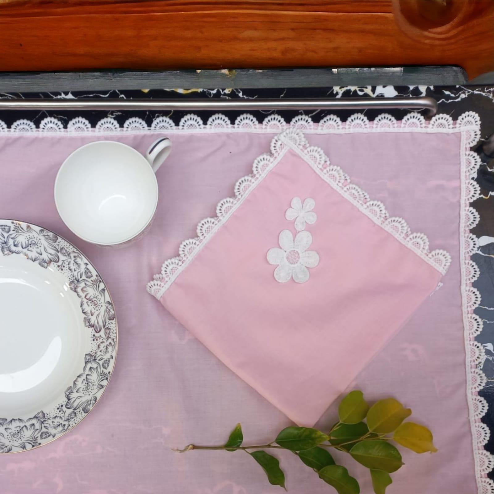 9 Pcs Trolley Mat and Napkin Set With Lace - Pink