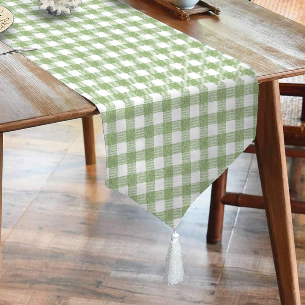 Waterproof Table Runner - GREEN WHITE CHECKERED