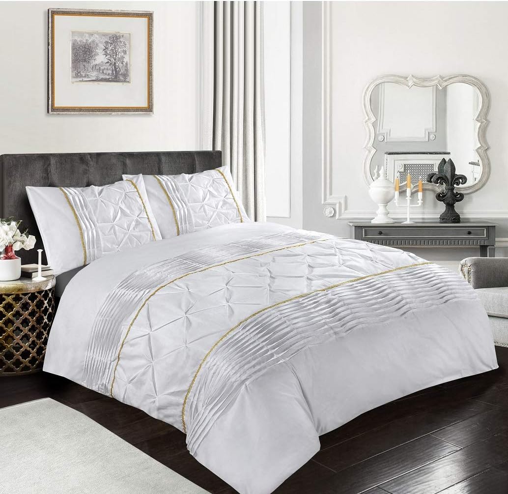 Luxury Cotton Satin Pintuck And Pleated Duvet Cover Set - White