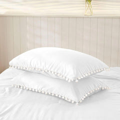 Luxury Cotton Satin Pom Fringe Duvet Cover Set - White