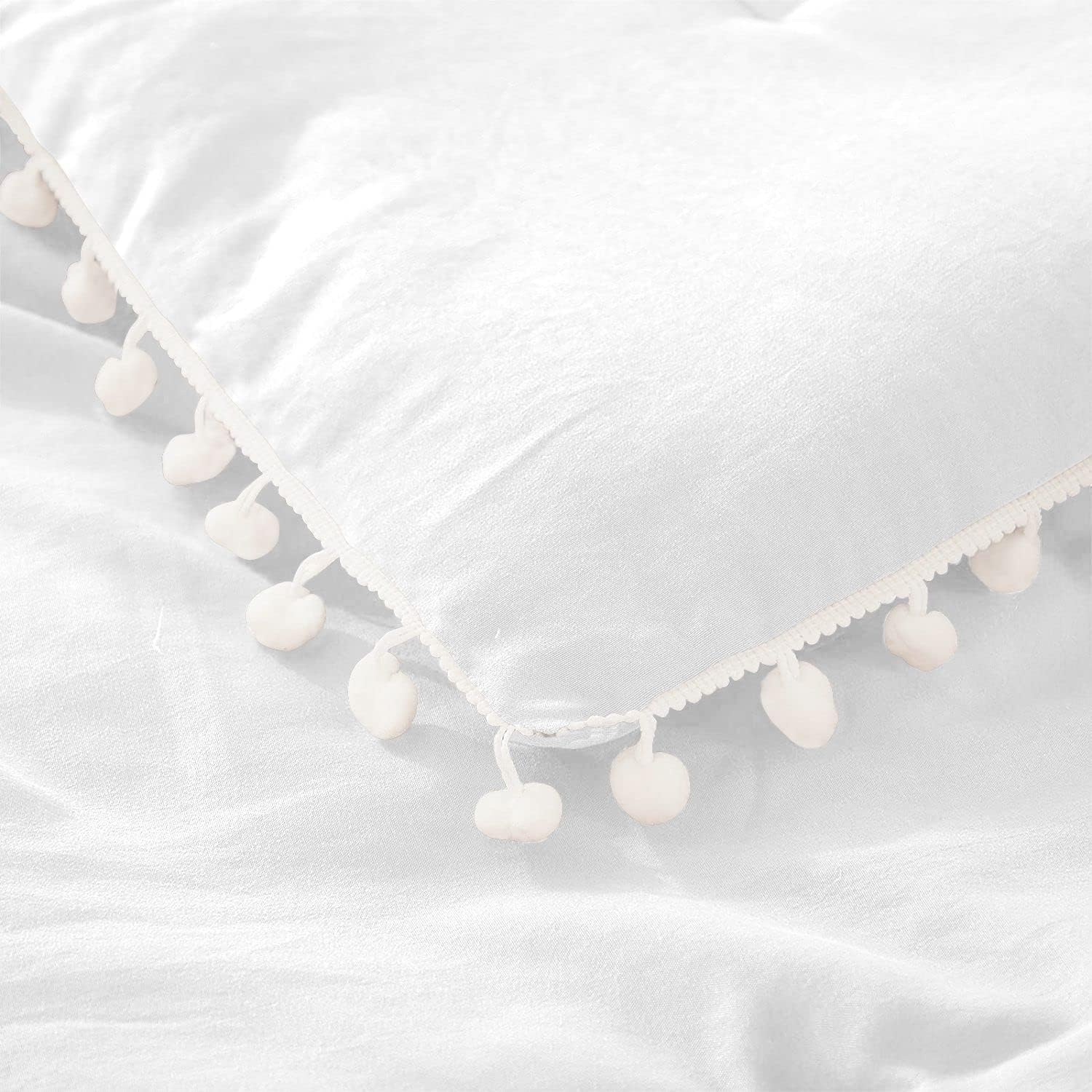 Luxury Cotton Satin Pom Fringe Duvet Cover Set - White