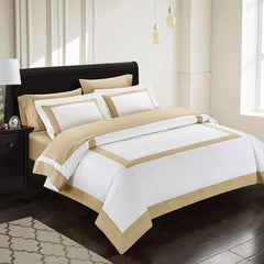 Beige Bordered Cotton Satin Duvet Cover Set