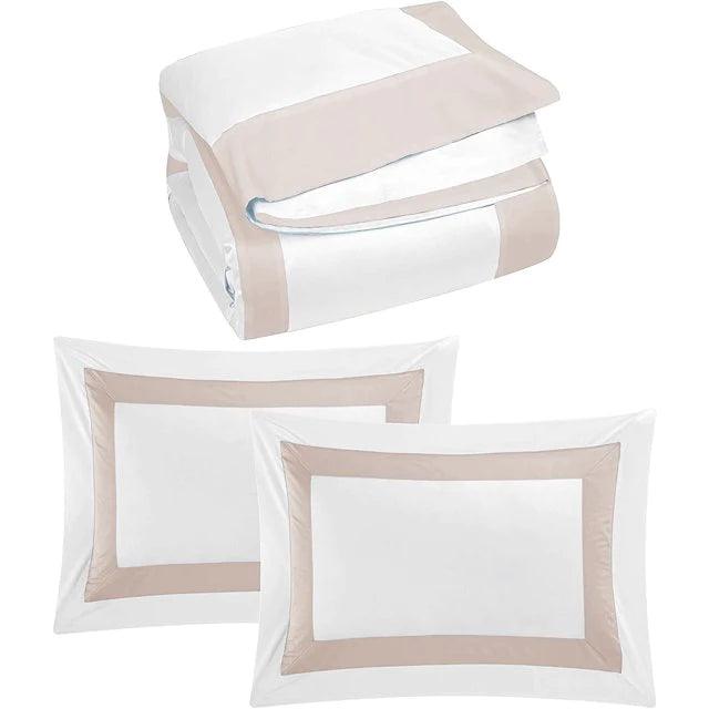 Beige Bordered Cotton Satin Duvet Cover Set