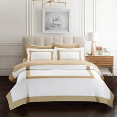 Beige Bordered Cotton Satin Duvet Cover Set