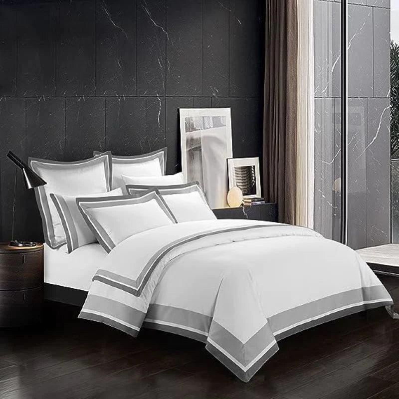 White And Mid Grey Bordered Luxury Egyptian Cotton Duvet Set