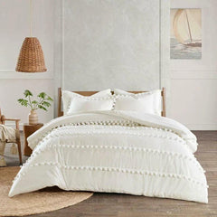 Luxury Cotton Satin Pom Fringe Duvet Cover Set - White