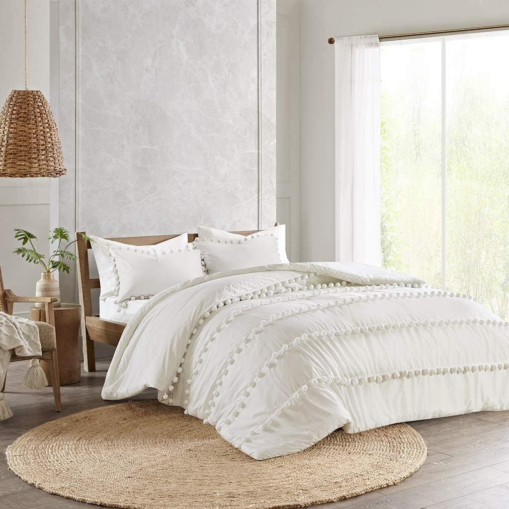 Luxury Cotton Satin Pom Fringe Duvet Cover Set - White