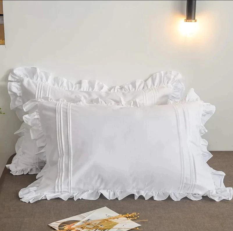 Ruffle Imperial White Pleated Cotton Satin Double Bed Duvet Cover Set