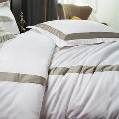 White With Beige Hotel Style Cotton Satin Duvet Cover Set