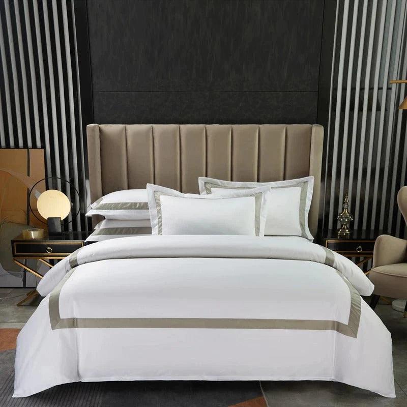 White With Beige Hotel Style Cotton Satin Duvet Cover Set