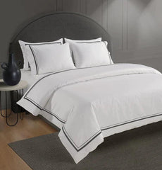 Embroidered Luxury Duvet Set- White With Black Baratta Stitch