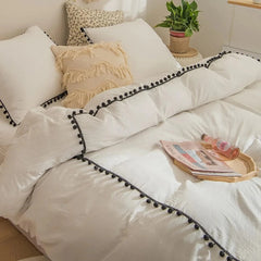 Luxury Cotton Satin Pom Fringe Duvet Cover Set- White With Black Pom