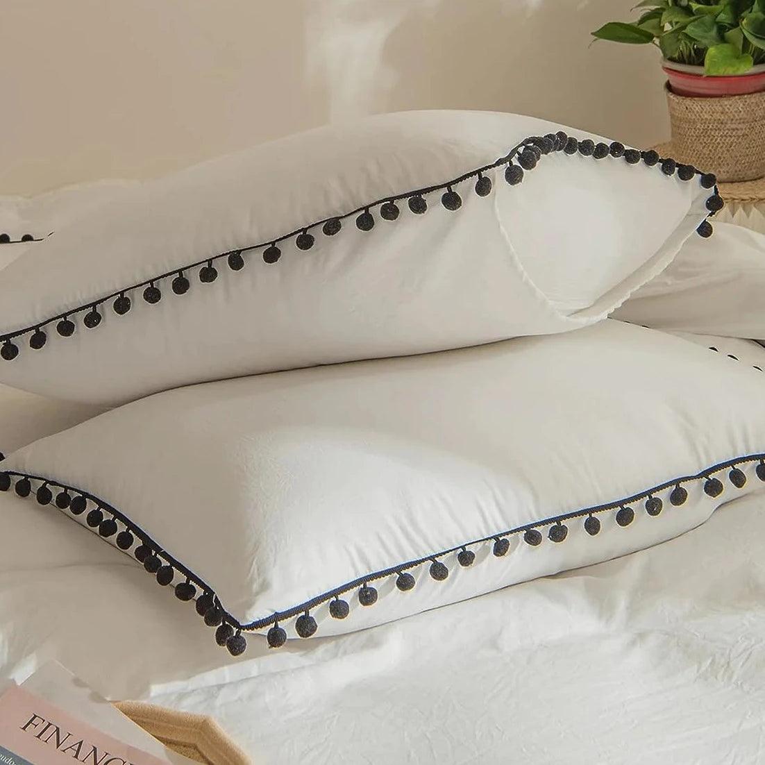 Luxury Cotton Satin Pom Fringe Duvet Cover Set- White With Black Pom