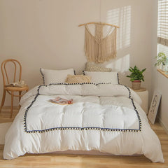 Luxury Cotton Satin Pom Fringe Duvet Cover Set- White With Black Pom