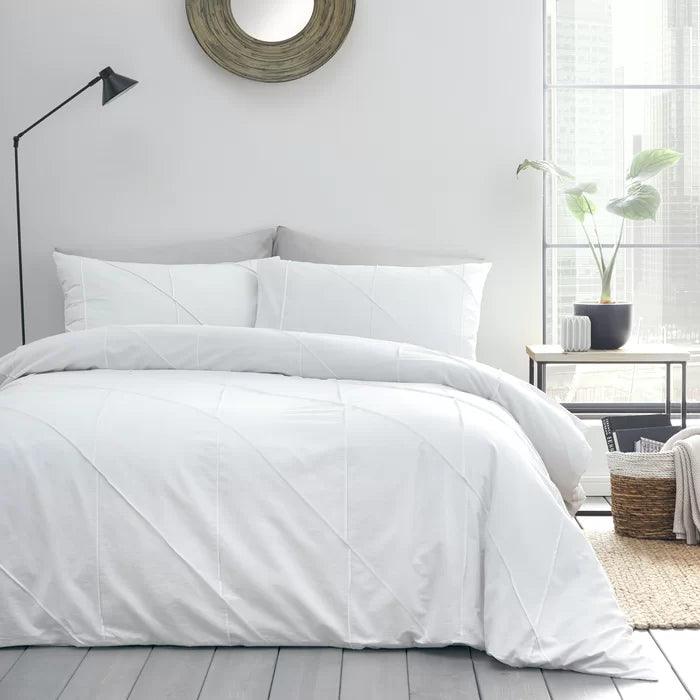 Geometric Pleated Cotton Satin Duvet Cover Set - White