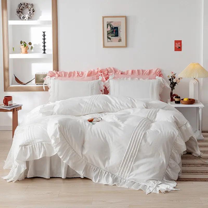 Luxury Pleated With Ruffled Style Satin Duvet Cover Set - White