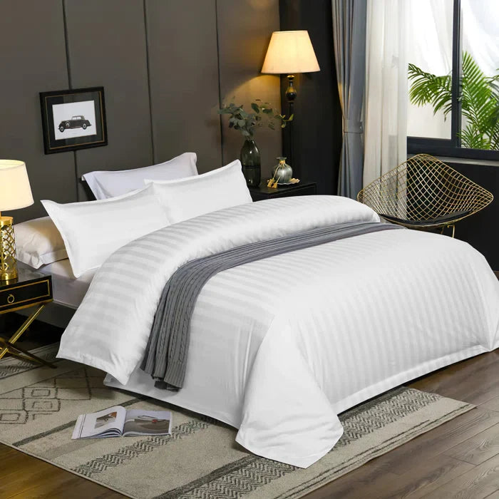 Cotton Satin Stripe Duvet Cover Set White