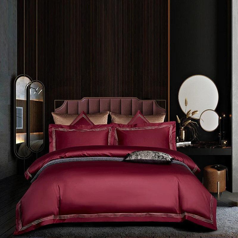 Embroidered Luxury Duvet Set-Wine Red