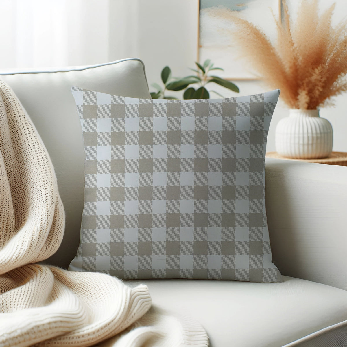 Waterproof Beige Checked Printed Cushion Cover-1 Pc