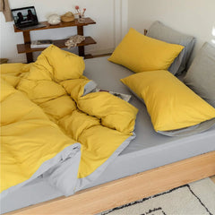 Plain Dyed Reversible Cotton Duvet Cover Set - Yellow & Grey