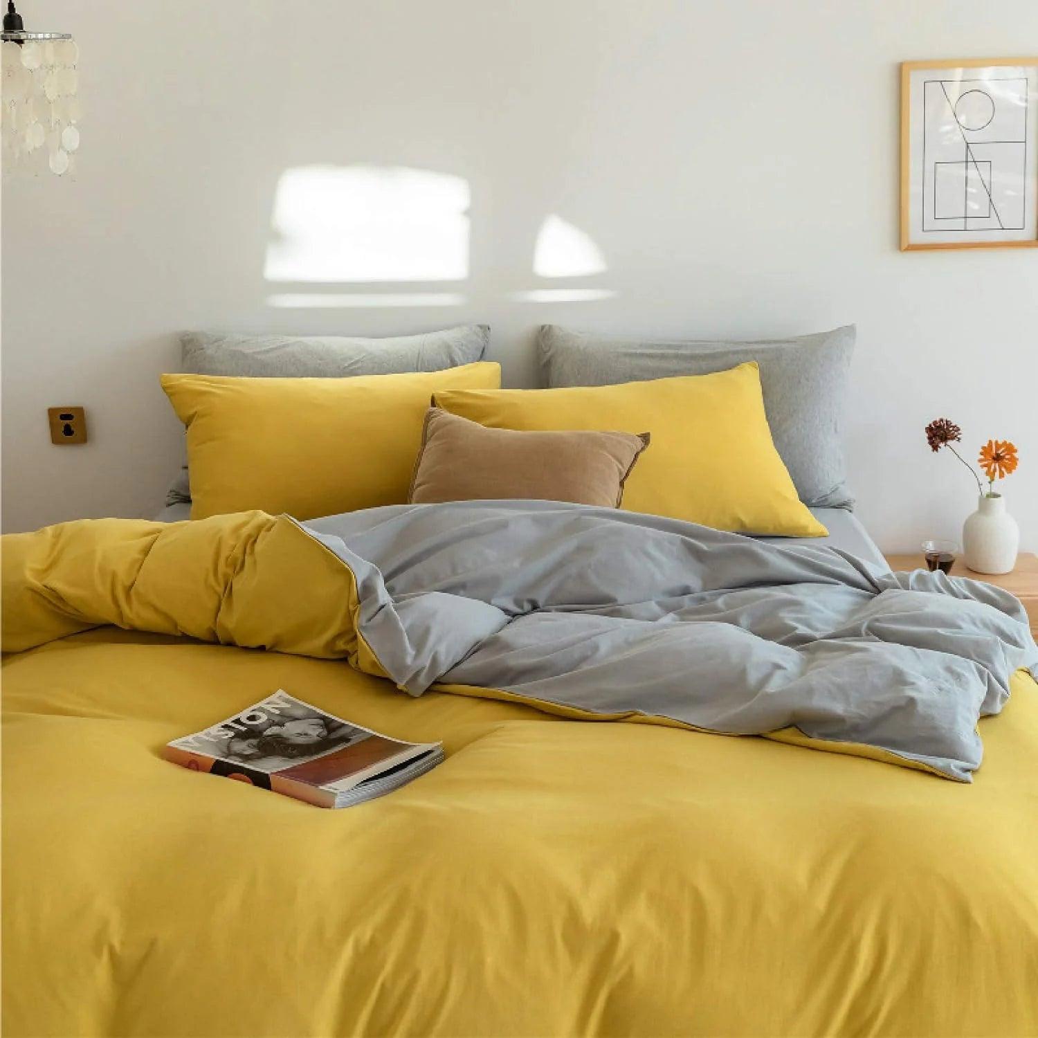 Plain Dyed Reversible Cotton Duvet Cover Set - Yellow & Grey