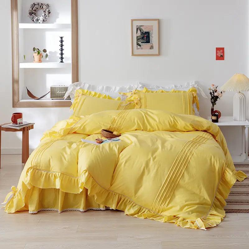 Luxury Pleated With Ruffled Style Satin Duvet Cover Set - Yellow