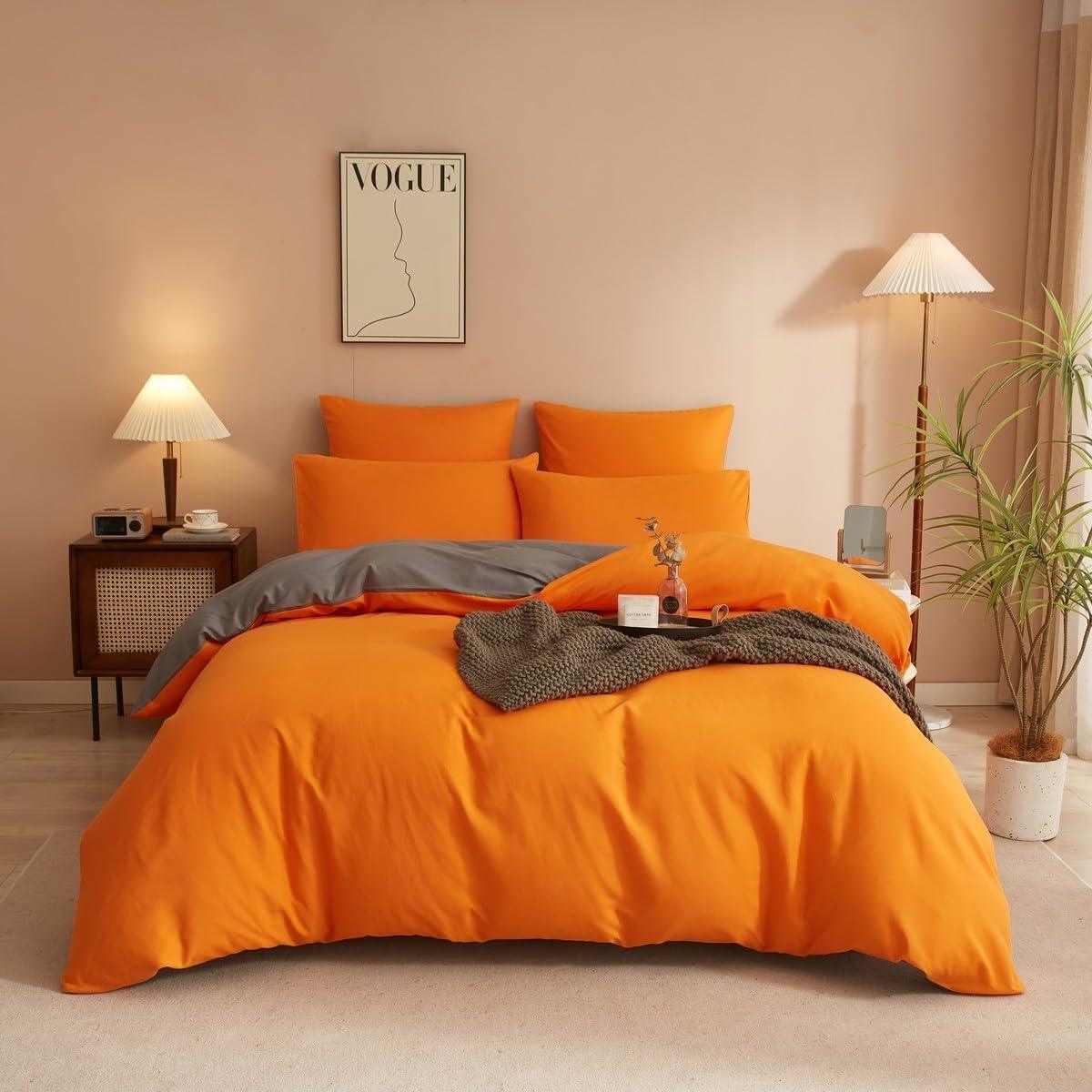 Plain Dyed Reversible Cotton Duvet Cover Set - Orange / Grey