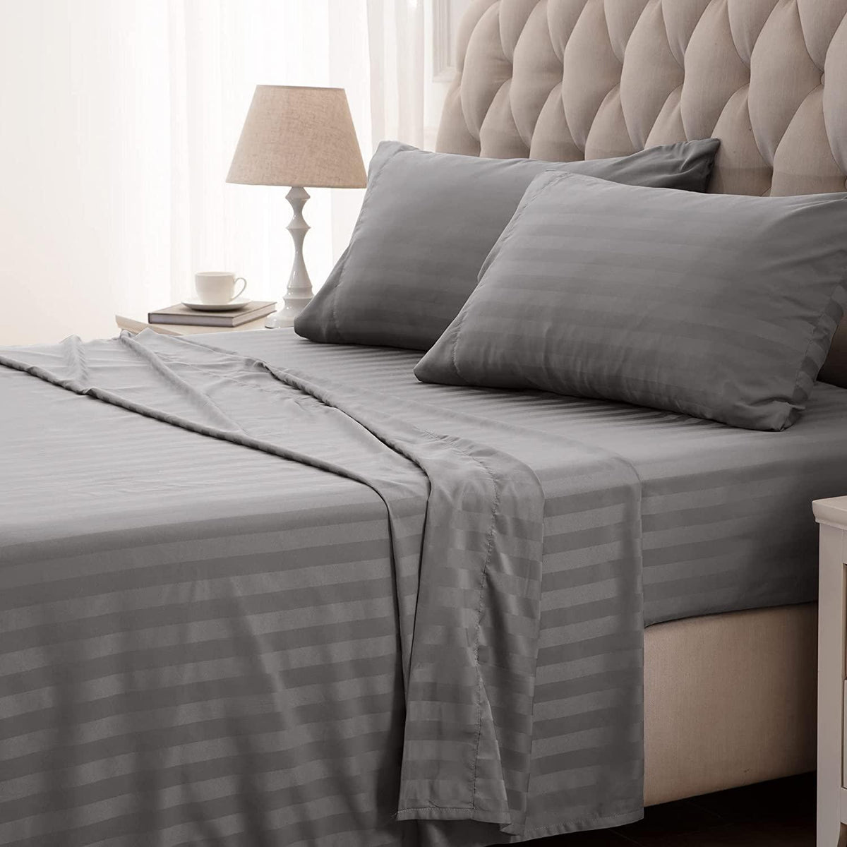 Premium Luxurious Super Soft Fitted Flat Cotton Satin Strip Sheet Set - Gull Grey