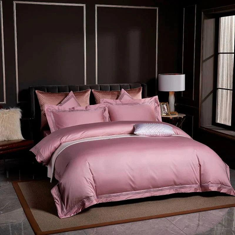 Embroidered Cotton Satin Duvet Set-Pink