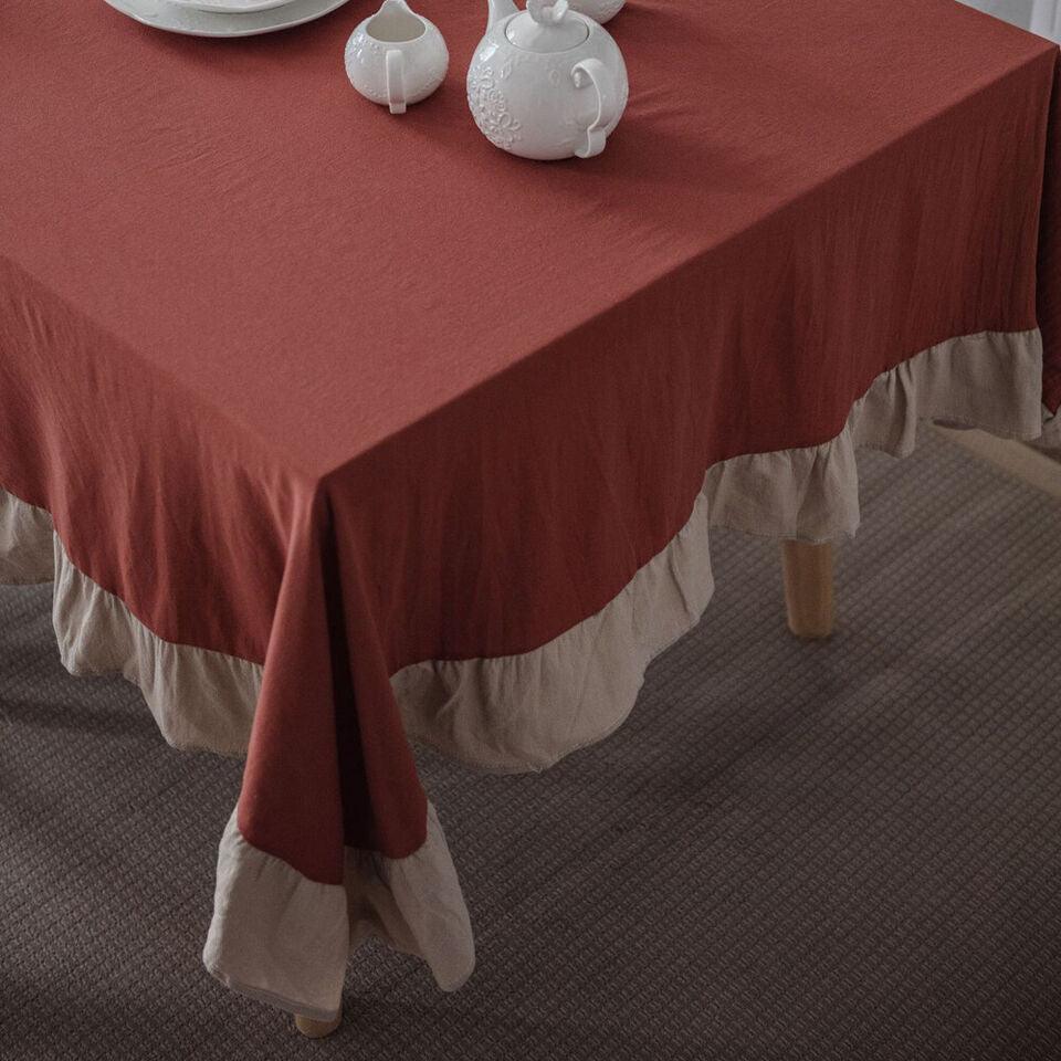 Flounce Stitching Cotton Table Covers-Rust & Beige