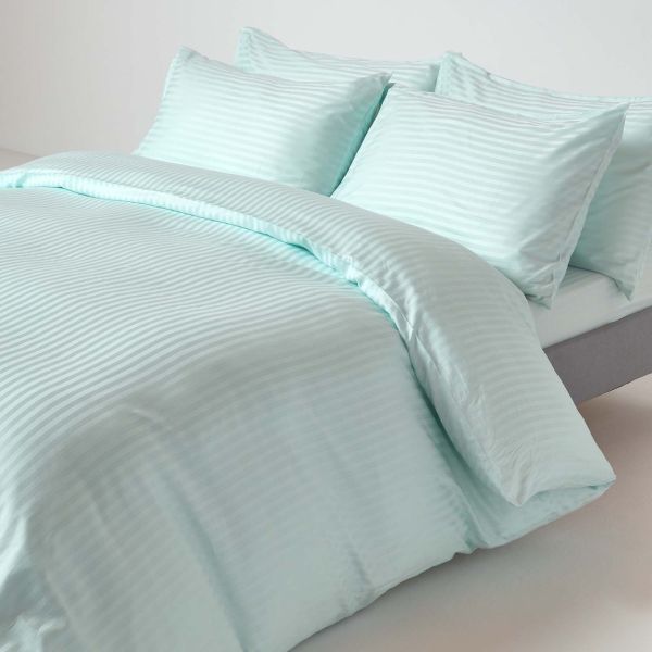 Cotton Satin Stripe Duvet Cover Set - Blue