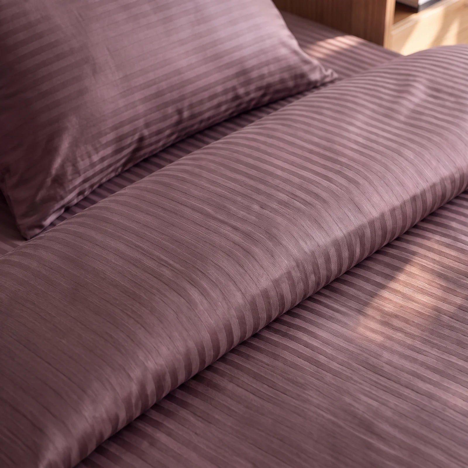 Satin Elegance Stripe Duvet Cover Set - Brown Cocoa