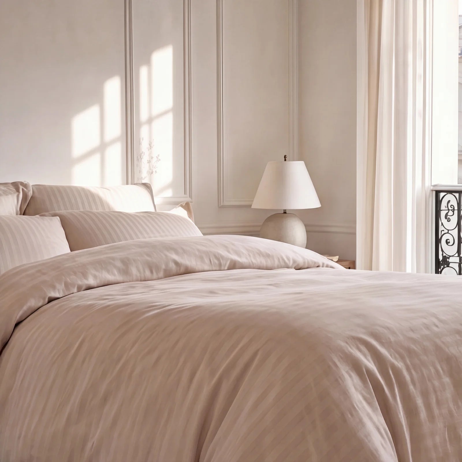 Satin Elegance Stripe Duvet Cover Set - Warm Beige