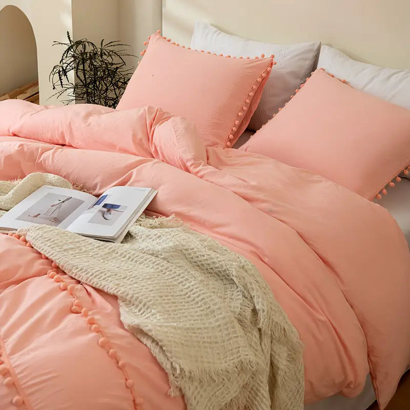 Vintage Boho Cotton Duvet Cover Set with Pom Pom Tassels